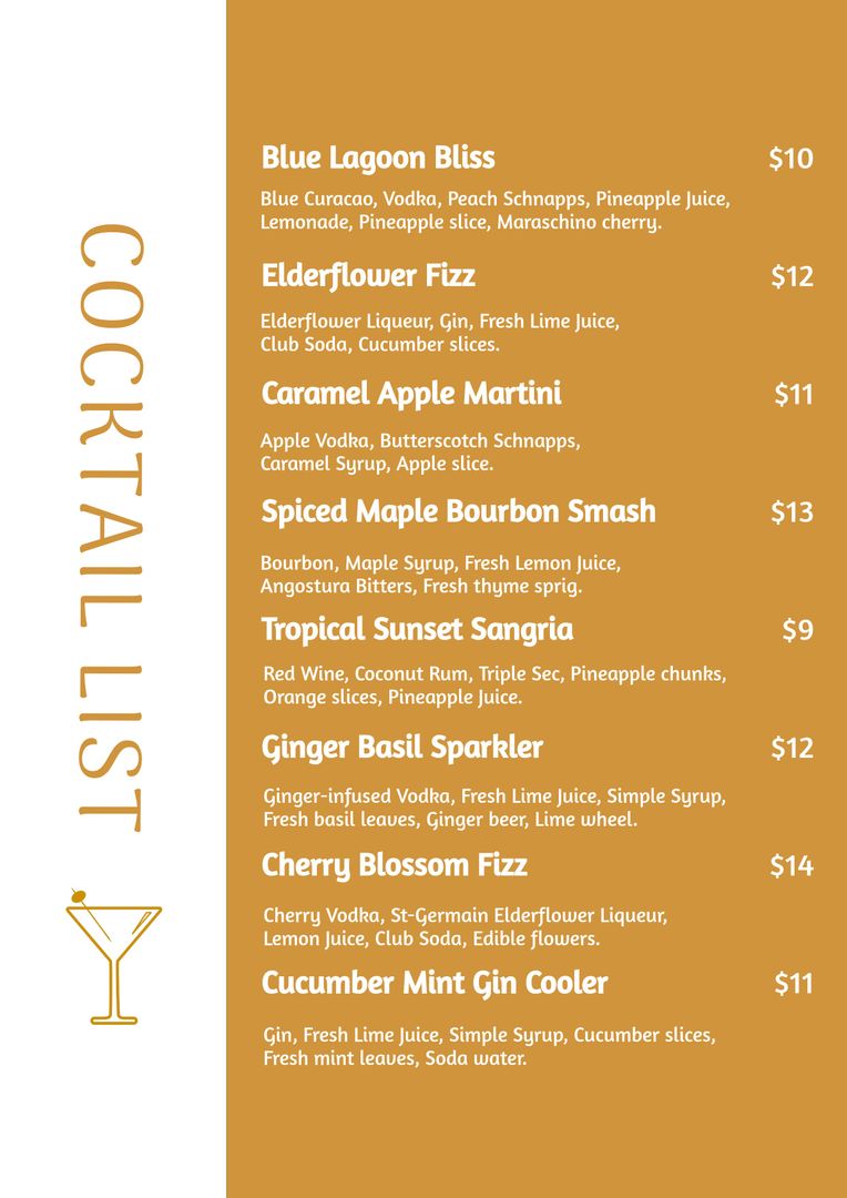 Elegant Cocktail Menu with Diverse Drink Options - Download Free Stock Templates Pikwizard.com