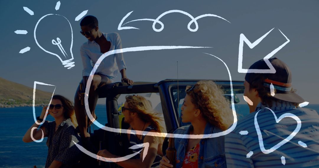 Group of Friends Relaxing by Beachside during Summer Road Trip