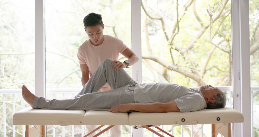 Physical Therapist Assisting Senior Patient with Leg Exercises Indoors - Free Images, Stock Photos and Pictures on Pikwizard.com