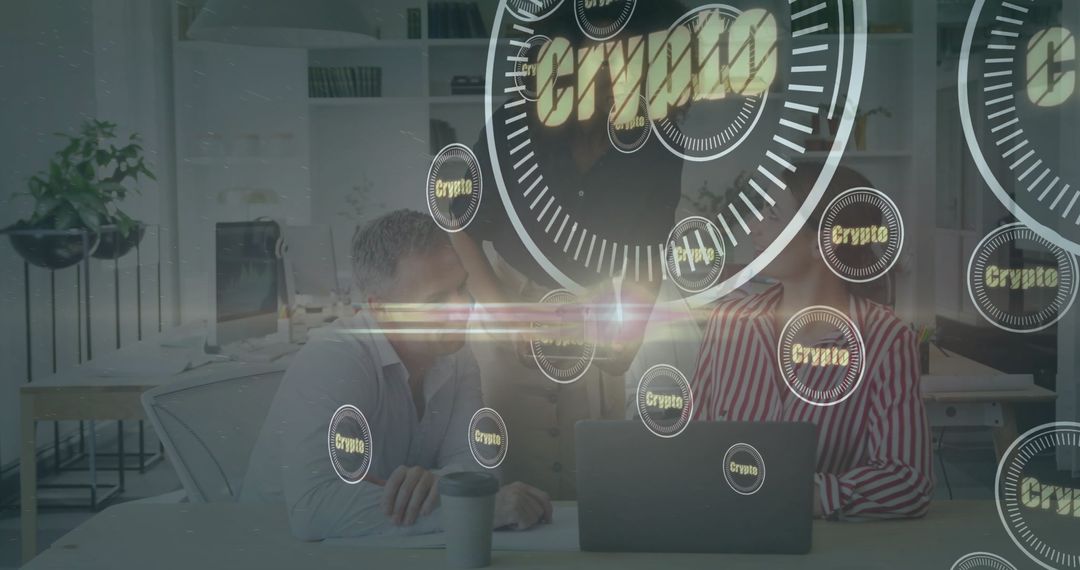 Business Experts Discussing Cryptocurrency in Modern Office