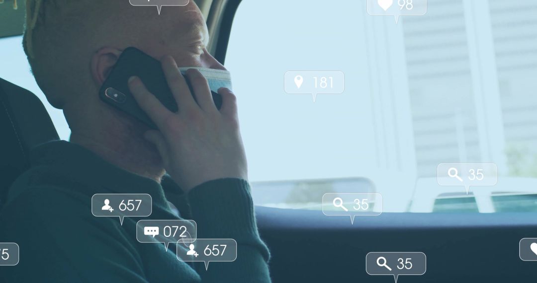 Masked Commuter Discussing Over Phone with Digital Callout Icons in Car