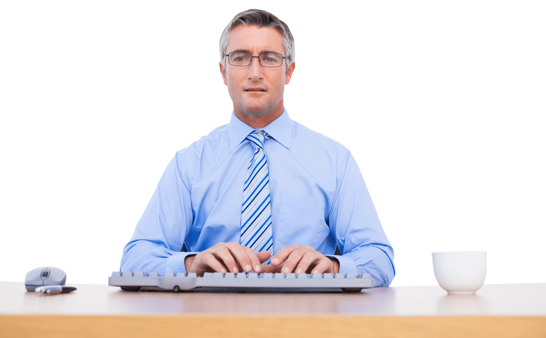 Businessman on Transparent Background Working on Keyboard