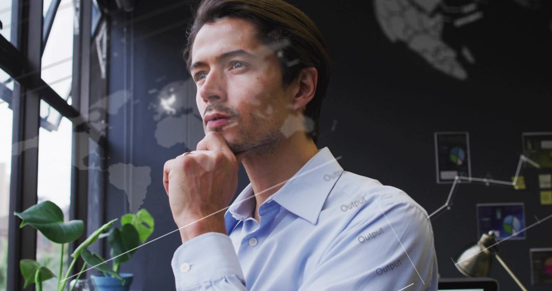 Executive Analyzing Global Data and Business Metrics Through Office Window Projection