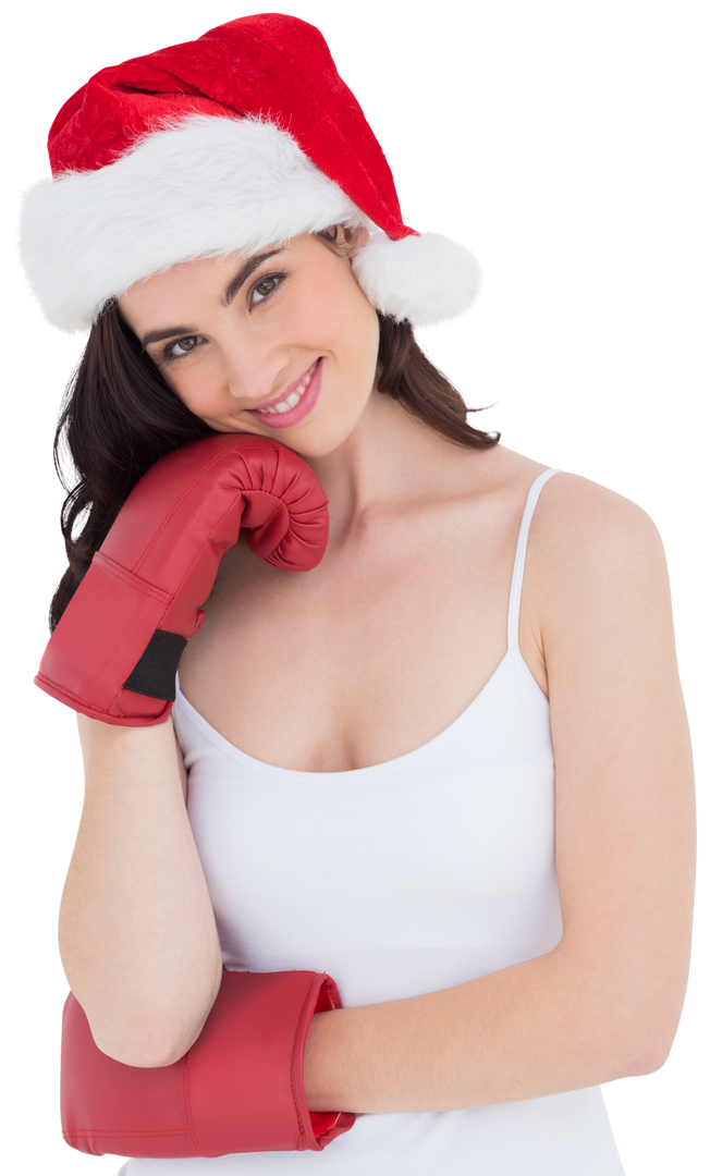 Smiling Woman with Boxing Gloves and Santa Hat on Transparent Background - Download Free Stock Images Pikwizard.com