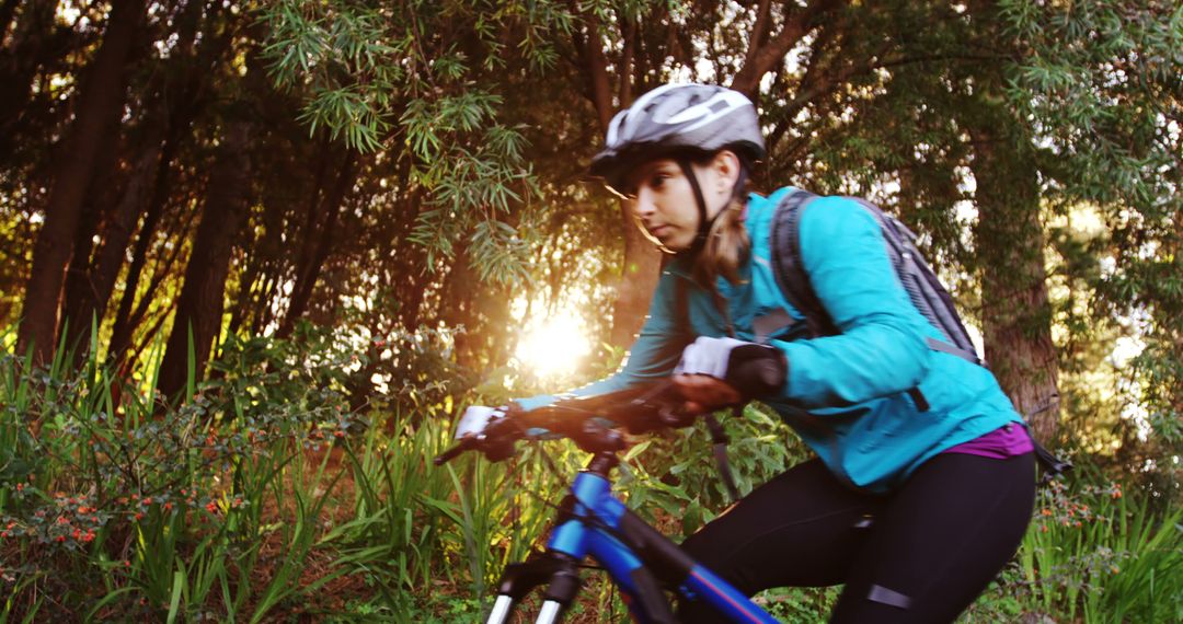 Young Woman Mountain Biking Through Forest at Sunset - Free Images, Stock Photos and Pictures on Pikwizard.com