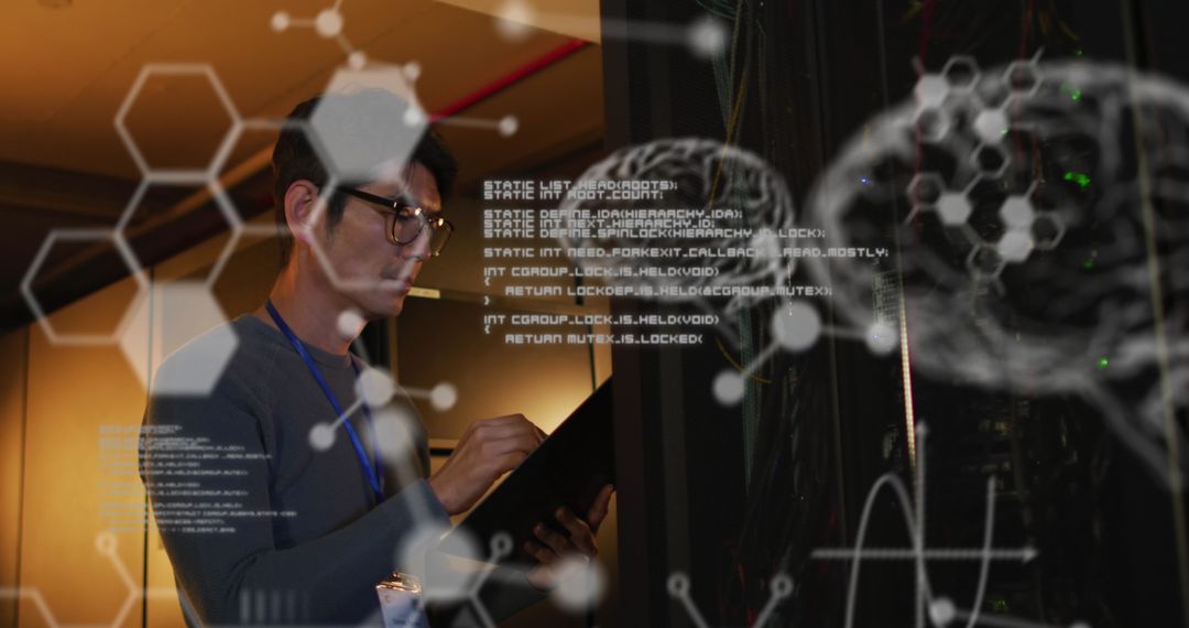 Engineer Analyzing Medical Data in Hi-Tech Server Room