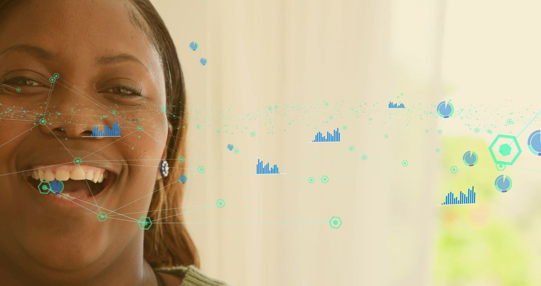 Smiling woman with data visualization overlay conveying connected analytics and insights