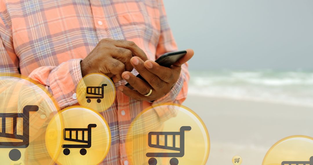 Man Using Smartphone for Online Shopping by Seaside
