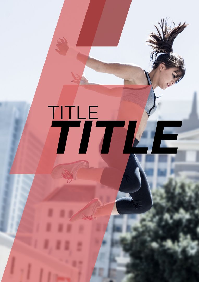 Energized Woman Leaping Against Modern Cityscape