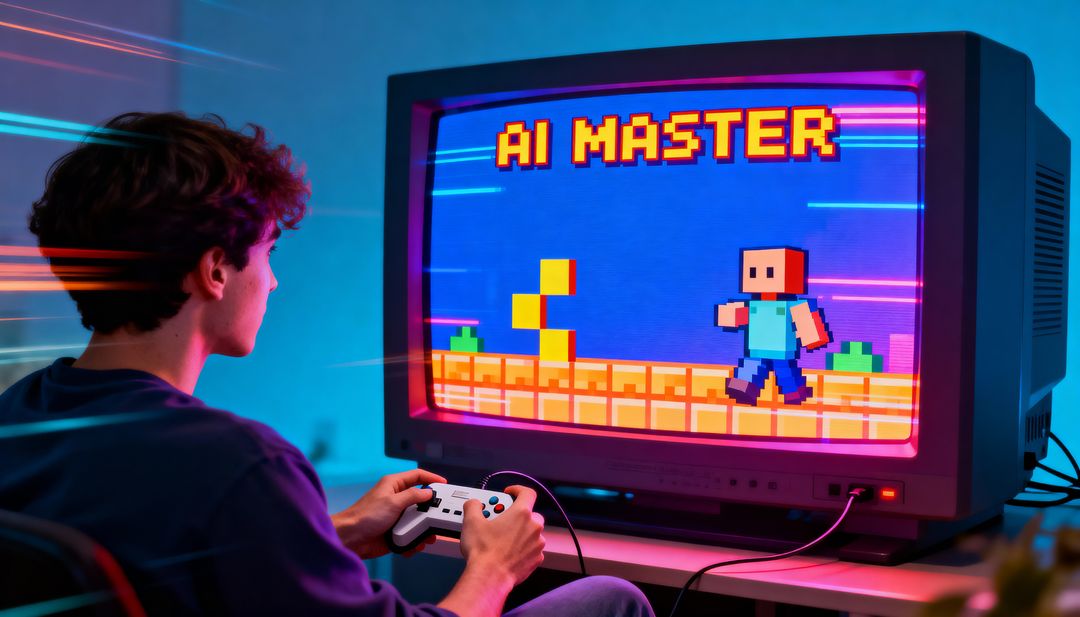 Teen Playing Retro Pixel Video Game on CRT Monitor with Wired Controller and Neon Glow