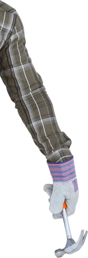 Hand Holding Hammer with Work Glove on Transparent Background