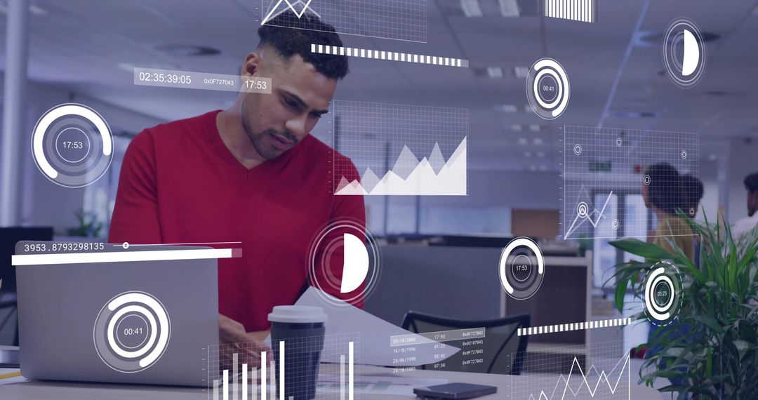 Man Analyzing Business Documents at Modern Office Desk with Augmented Reality Graphs