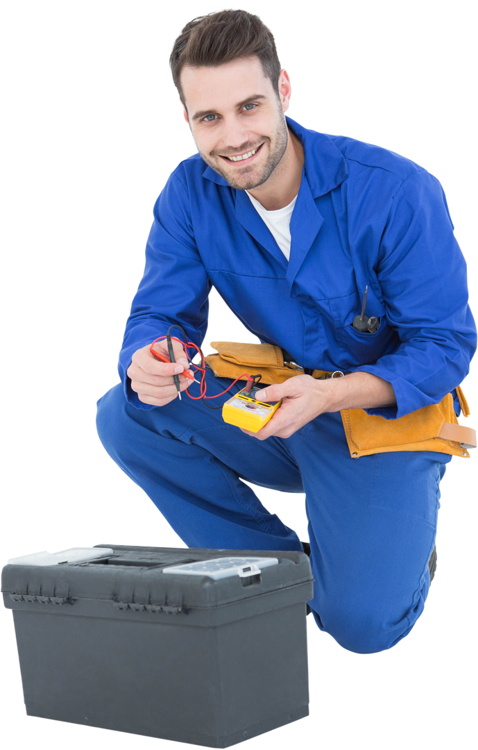 Smiling Repairman Holding Multimeter by Transparent Toolkit - Download Free Stock Images Pikwizard.com