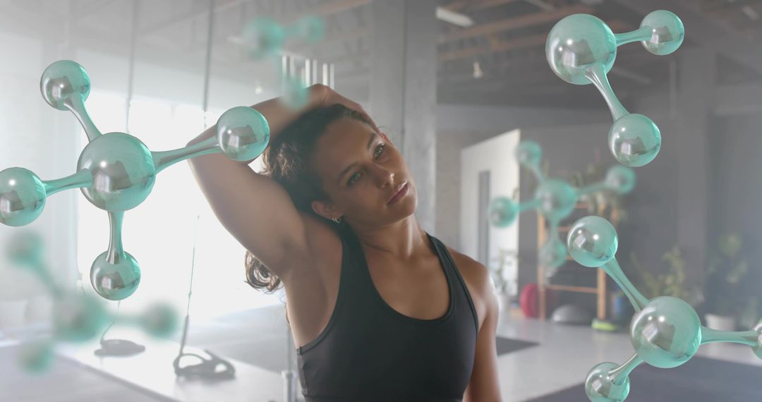 Woman Stretching Neck in Fitness Studio with Floating Molecular Graphics, Wellness Concept