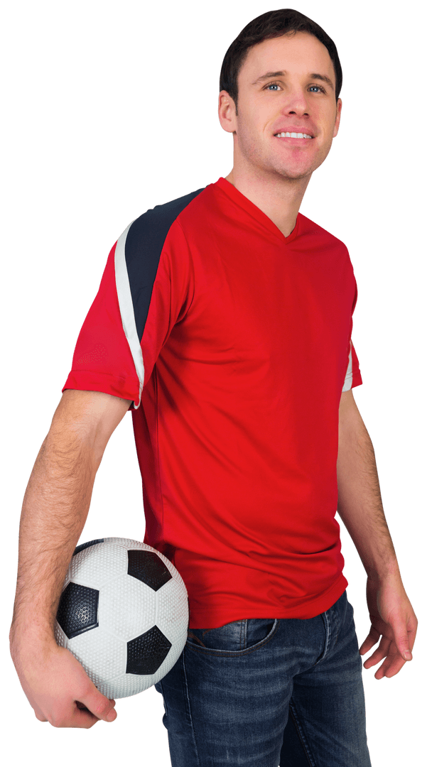 Smiling Man Holding Soccer Ball in Red Jersey on Transparent Background