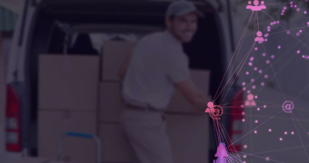 Delivery Worker Handling Packages with Digital Network Concept