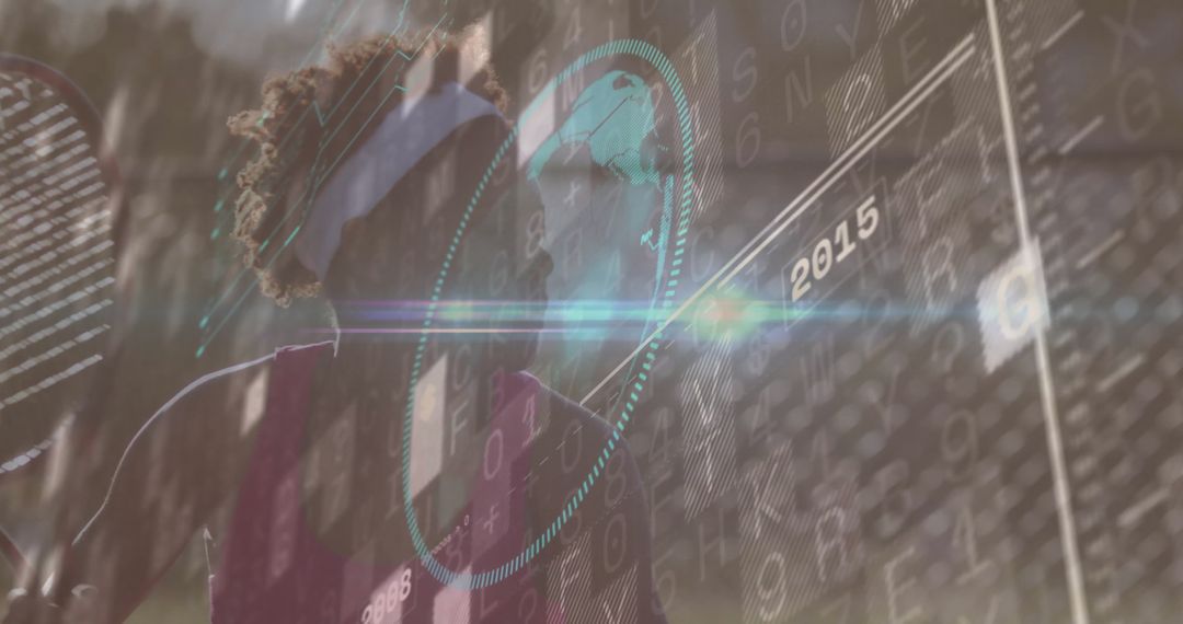 Visored Tennis Player Analyzing Digital Data with Holographic Overlay