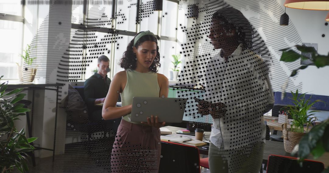 Business Collaboration in High-Tech Office with Data Overlay