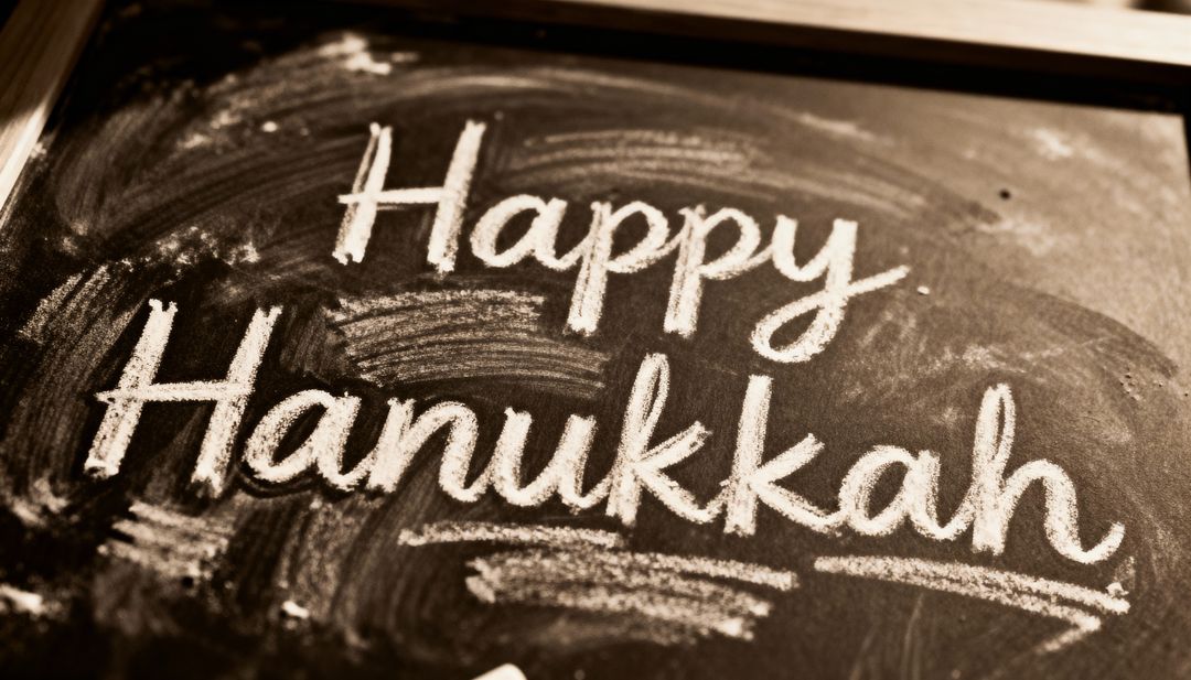 Handwritten Happy Hanukkah Chalkboard with Rustic Wooden Frame and Chalk Dust