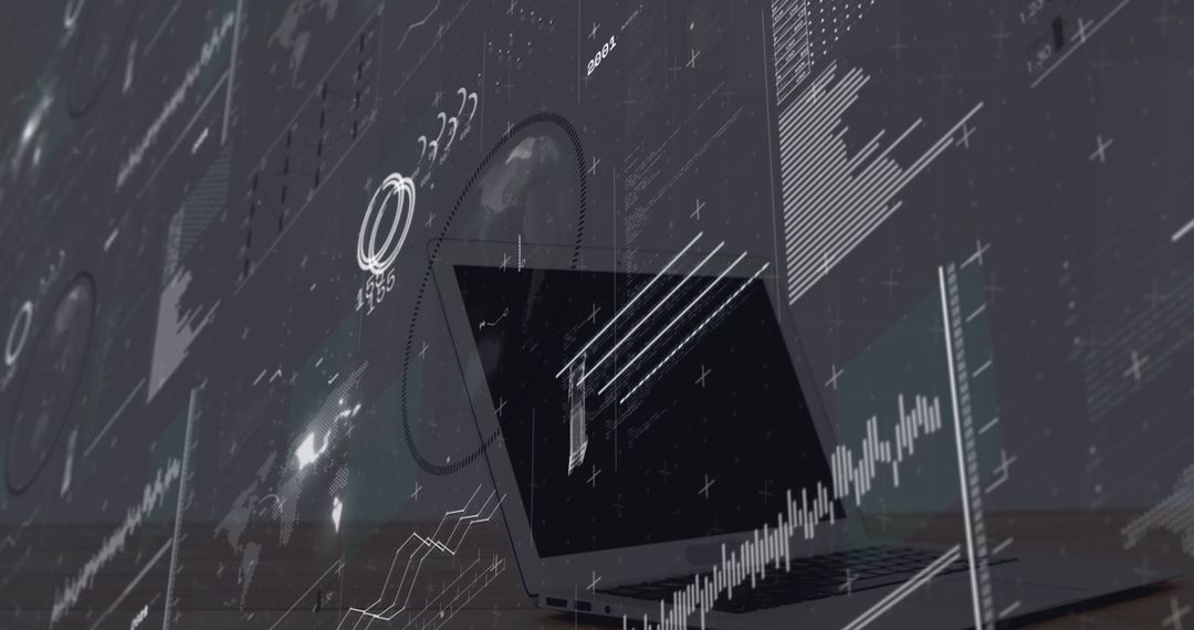 Digital Data Interface Overlaying Laptop for Global Business Insights