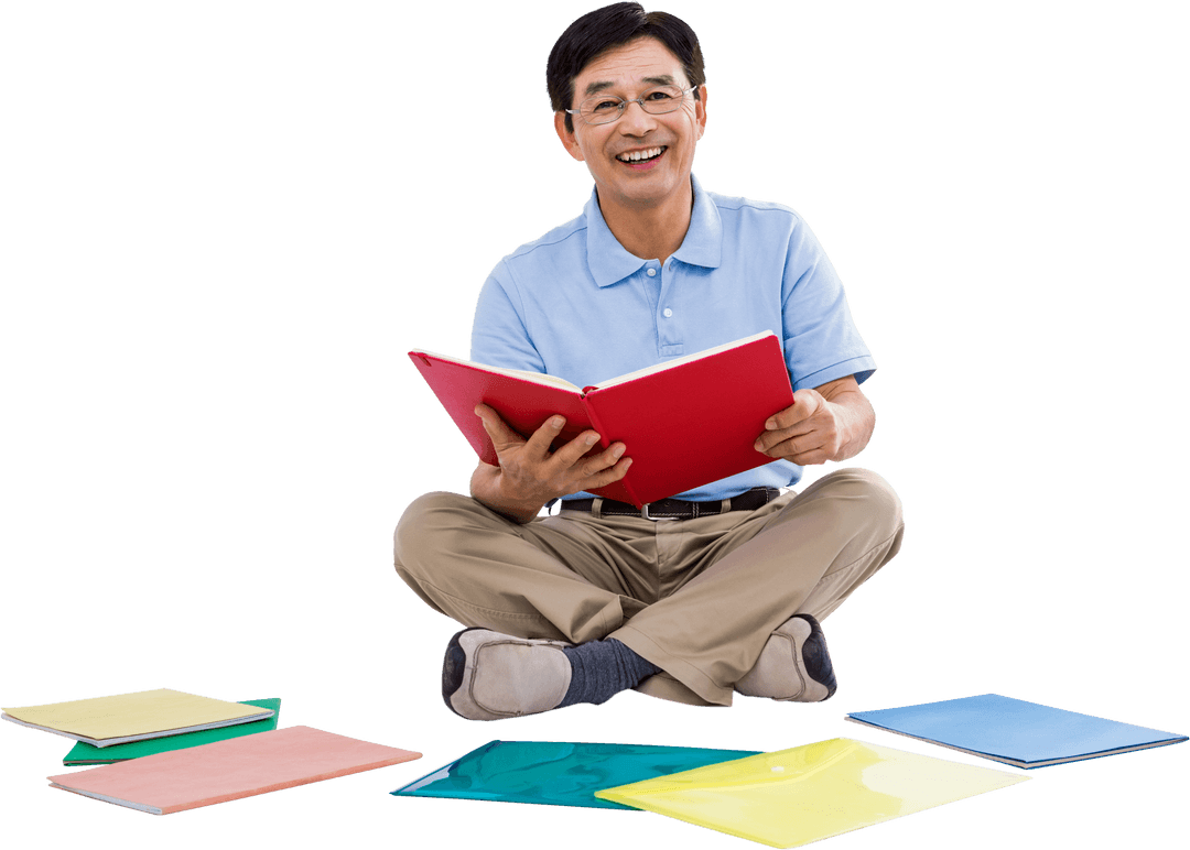 transparent smiling man reading with colorful binders on ground - Download Free Stock Images Pikwizard.com