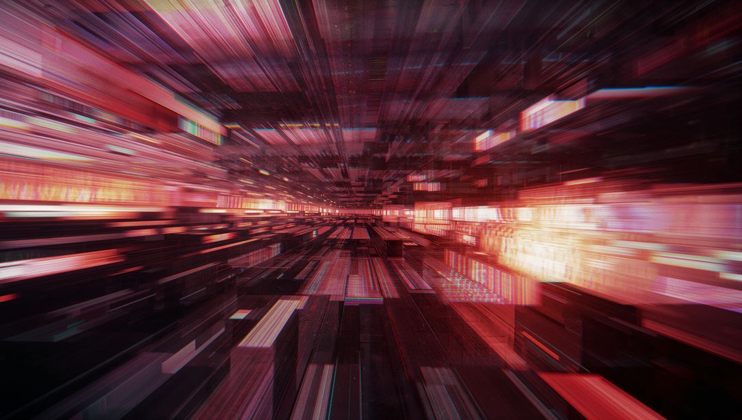 Futuristic Data Tunnel with Neon Grids and Glitch Effects