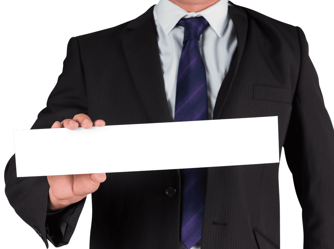 Caucasian Businessman Holding Blank Card with Transparent Background