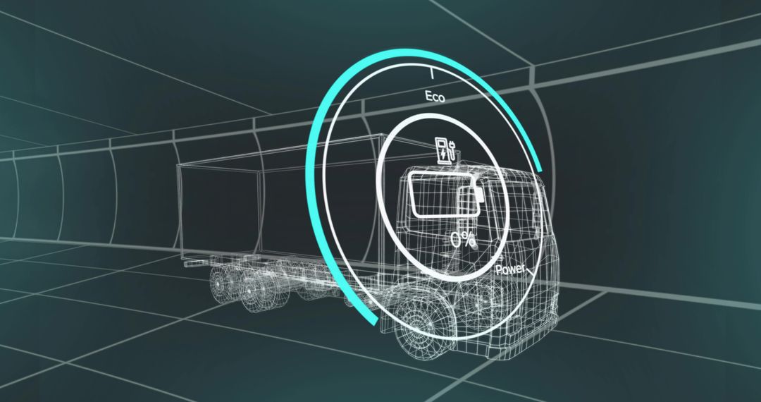 Futuristic Semi-Trailer Truck in Digital Grid with Eco Power Display