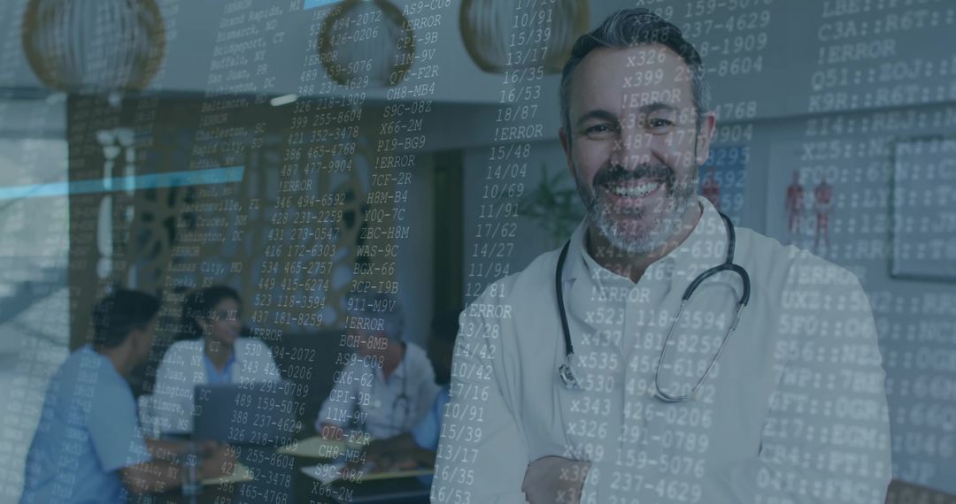 Doctor Consults Team with Digital Code Overlay in Clinic