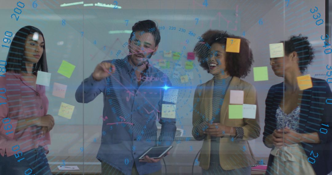 Diverse Team Collaborating on Innovative Ideas with Digital Overlay