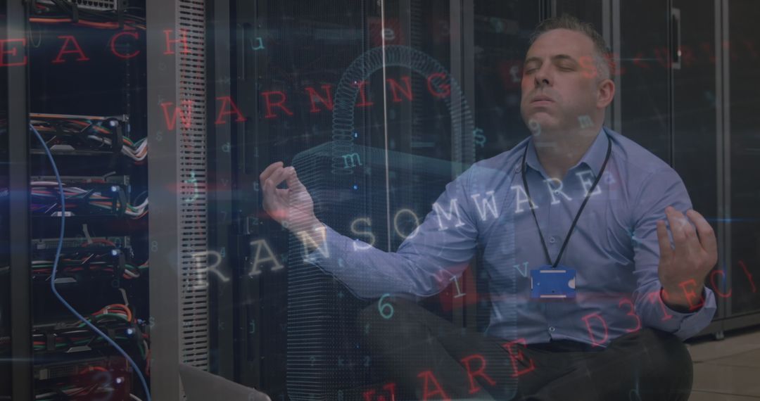 Meditating IT Technician in Data Center Amid Cyber Threat