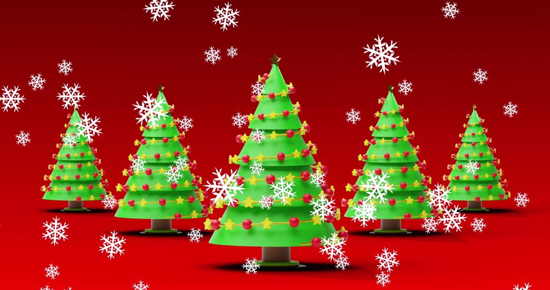 Snowfall on Christmas Trees Red Background