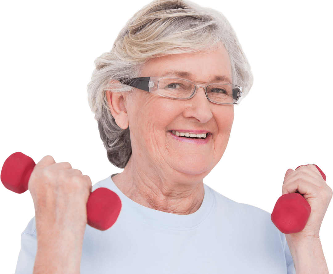Senior Woman Exercising with Red Hand Weights on Transparent Background