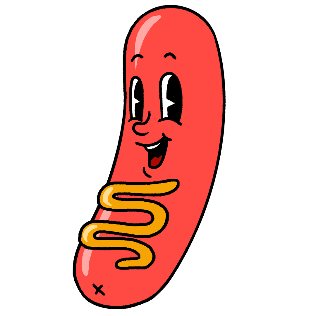 Cheerful Cartoon Sausage Character with Mustard Swirl