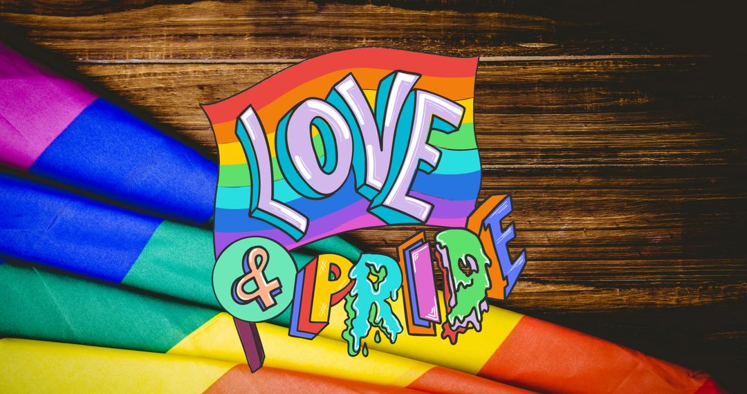 Colorful Love and Pride Text Over Rainbow Flags