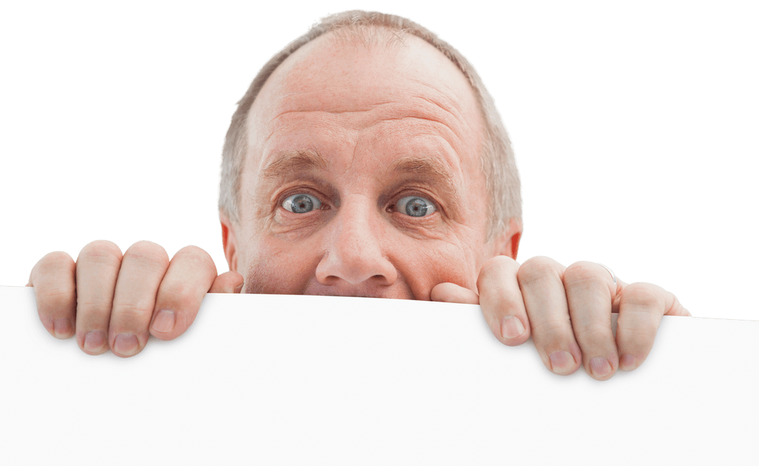 Mature Man Peeking Over White Blank Card Transparent Background