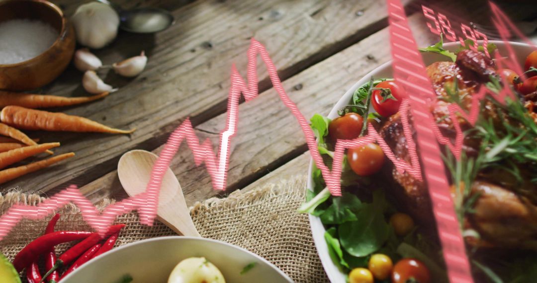 Displaying roasted chicken bowl with rustic vegetables and neon financial graph overlay