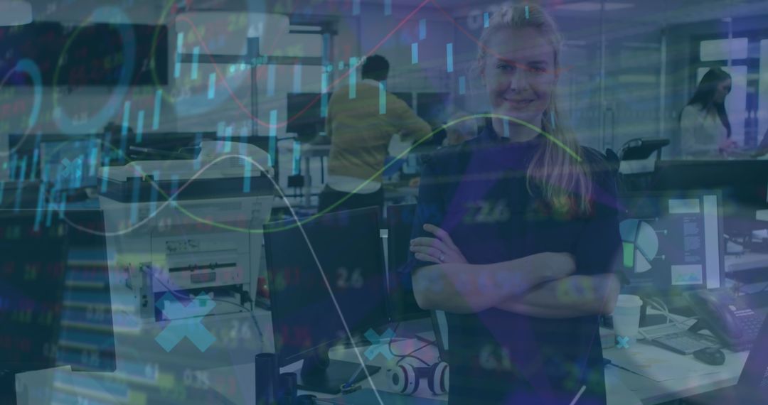 Businesswoman Overlaid with Financial Graphs and Data Processing