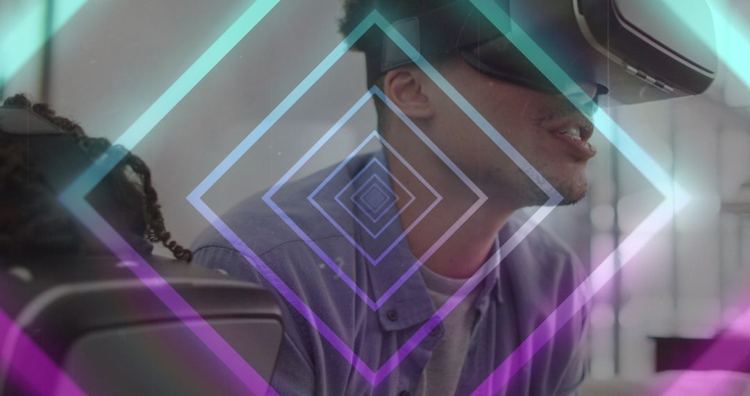 Father and Child Exploring Virtual Reality with Neon Graphics