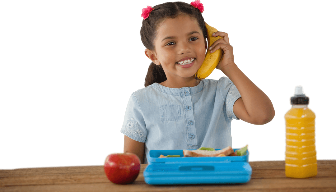 Smiling Girl Pretending Banana is Phone Transparent Background