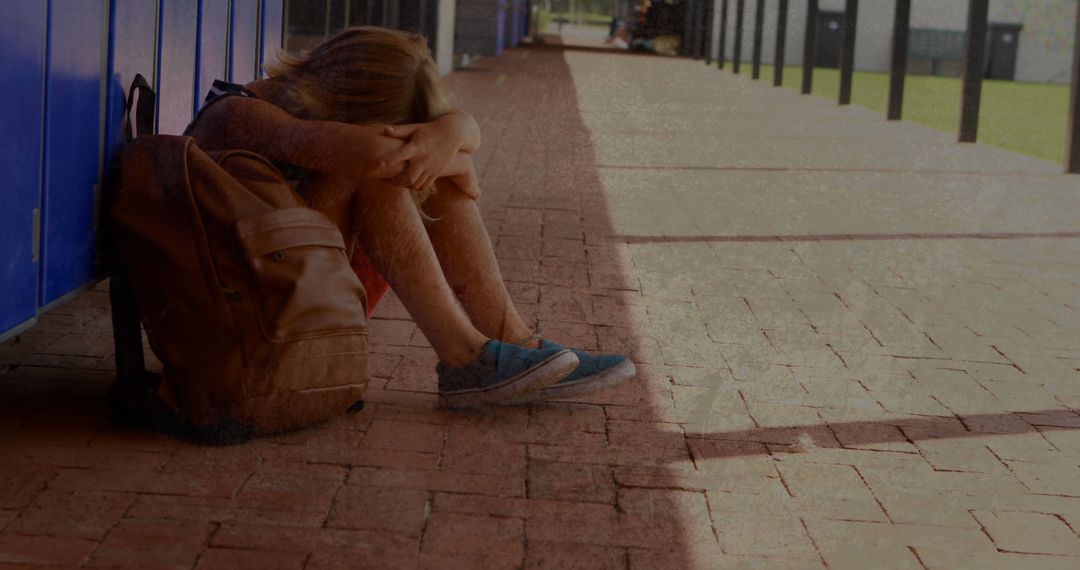 Sad Schoolboy Alone in Empty Corridor Reflecting Distress