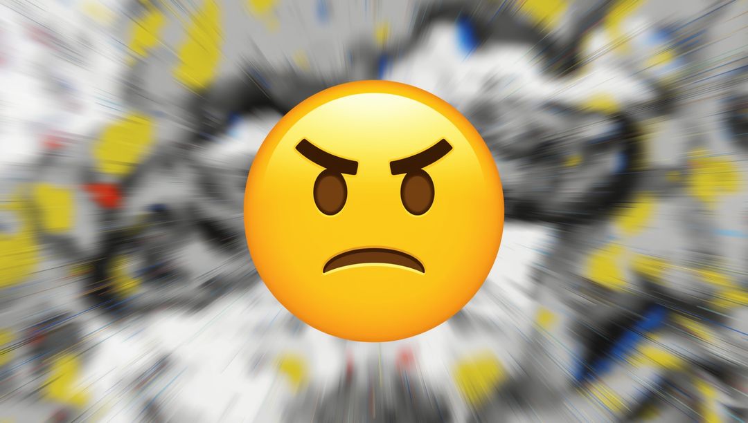 Angry Emoticon with Blurred Bike Parts in Motion Background