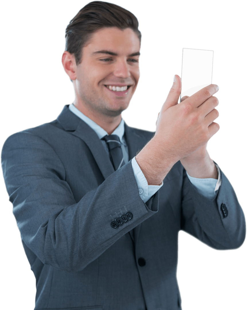 Businessman Holding Transparent Smartphone Smiling