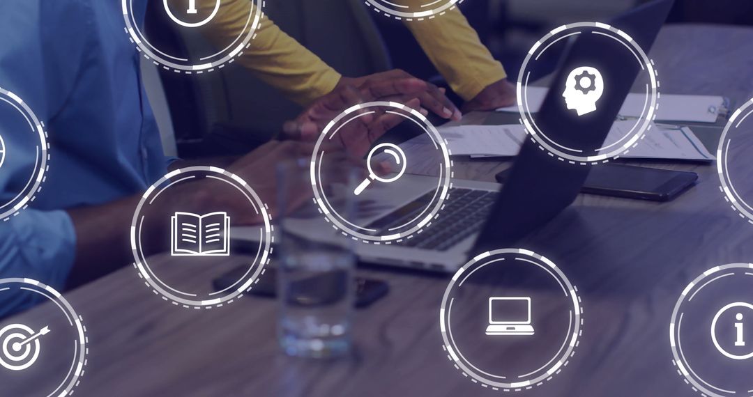 Digital Collaboration with Technology Icons Overlay