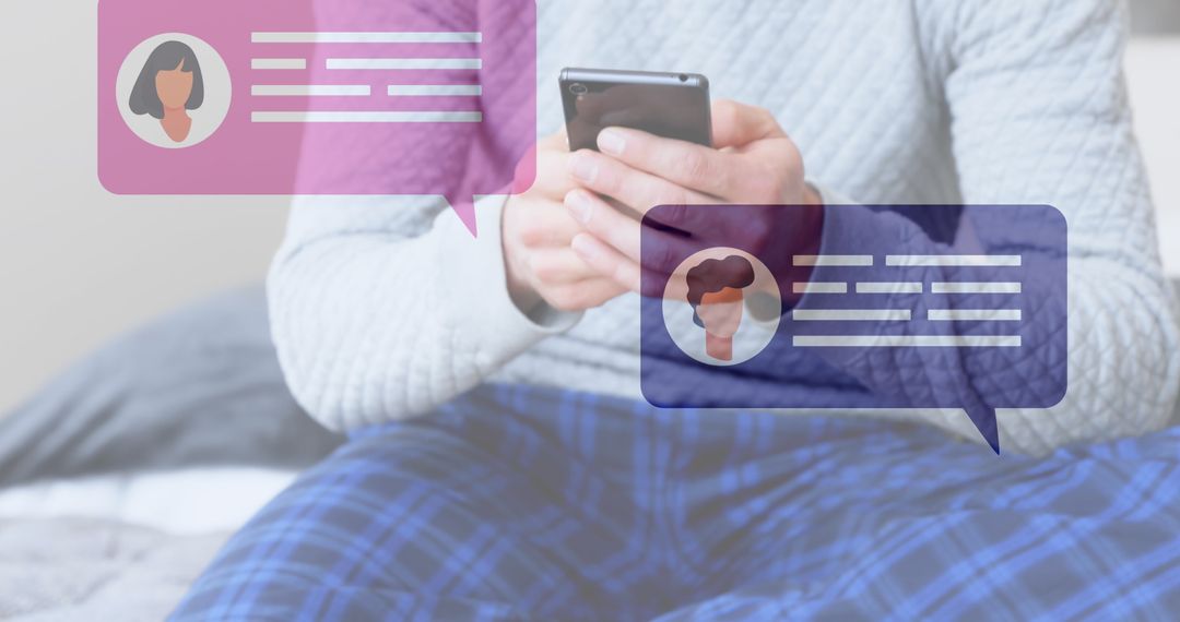 Man Using Smartphone with Digital Chat Icons Overlay