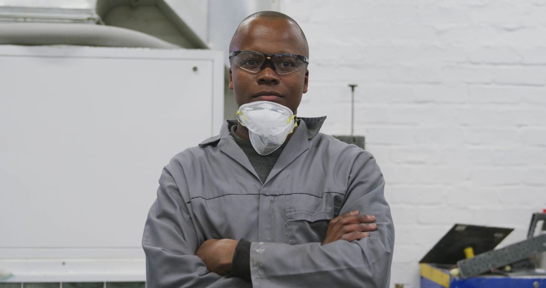 Portrait of african american male mechanic with face mask in car workshop - Free Images, Stock Photos and Pictures on Pikwizard.com