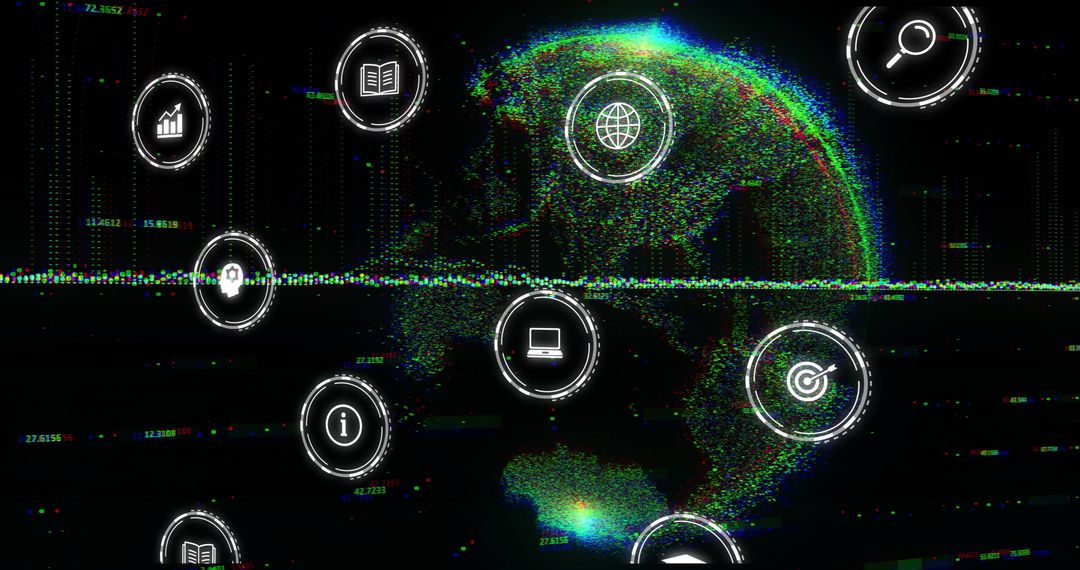 Futuristic Global Network with Digital Icons and Glitch Effects