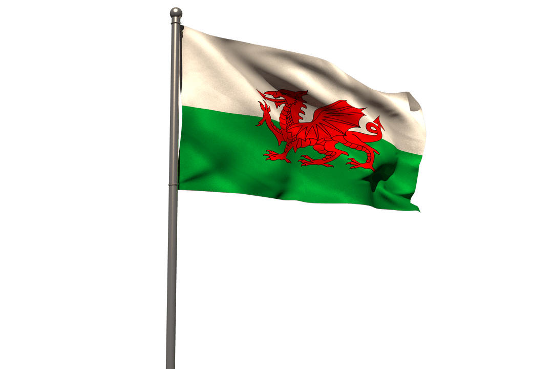 Waving Transparent Welsh Dragon Flag on Pole
