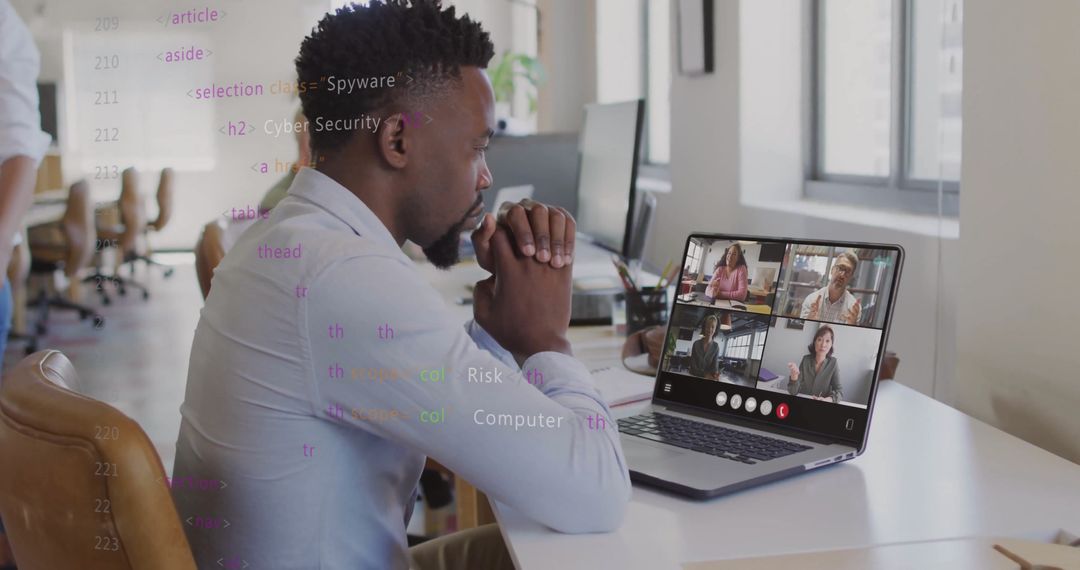 Businessman Engaging in Virtual Meeting with Digital Code Overlay