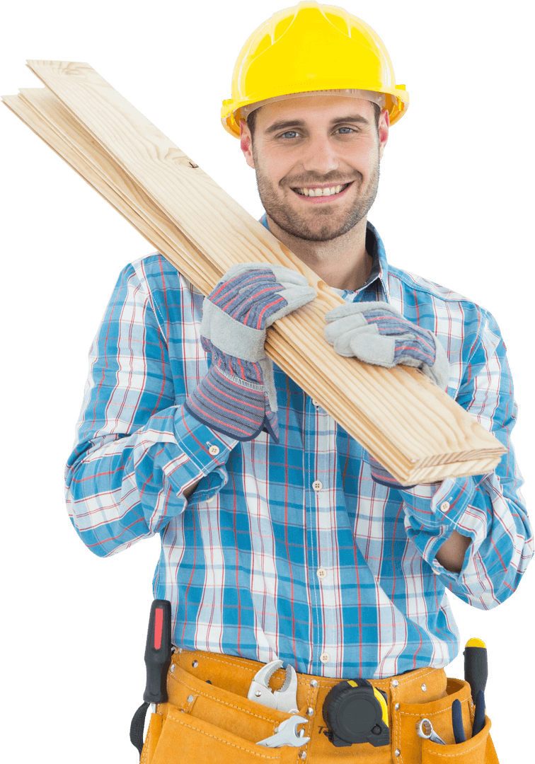 Transparent Portrait Smiling Construction Worker Holding Wood